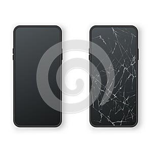 Broken and intact black phone screen front view set realistic vector smartphone repair service
