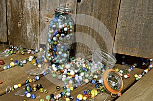 Broken jar of marbles