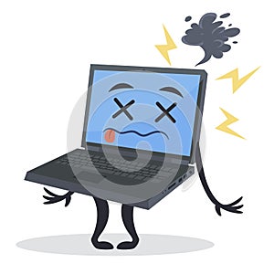 Broken laptop cartoon character with legs and hands vector flat illustration. Unwell computer virus