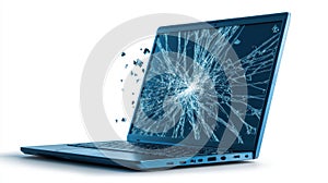 Broken laptop screen, cracked display damage and repair solutions for portable computer with shattered lcd