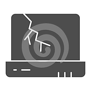 Broken laptop solid icon. Notebook screen with crack, device with cracked display. Zero waste design concept, glyph