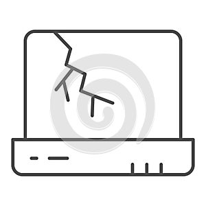 Broken laptop thin line icon. Notebook screen with crack, device with cracked display. Zero waste design concept