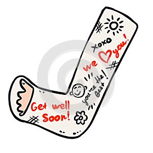 Broken leg cast doodle with positive writings from friends. Injured limb in gypsum plaster. Good get well soon wishes. Media glyph