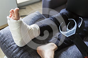 Broken leg on the pillow during convalescence