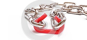 Broken link chrome chain  on a white background 3D illustration, 3D rendering