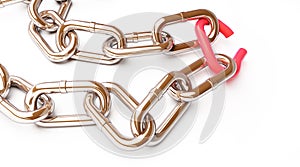Broken link chrome chain  on a white background 3D illustration, 3D rendering