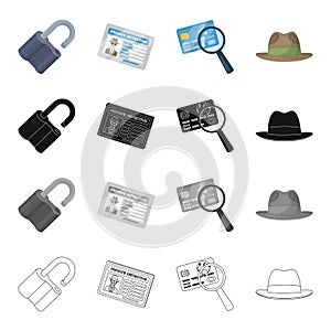 A broken lock, a detective`s identification, a magnifying glass and a credit card, a hat. Detective Agent set collection