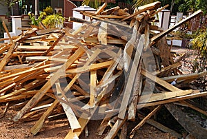 Broken long chunks of tree trunk. Close up broken pieces of wood. Pine timber wood chip. Broken into pieces and splinters tree