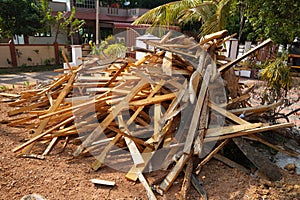 Broken long chunks of tree trunk. Close up broken pieces of wood. Pine timber wood chip. Broken into pieces and splinters tree