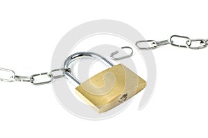 Broken metal chain and a locked padlock