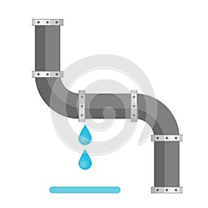 Broken metal pipe with leaking water, flat style vector illustration