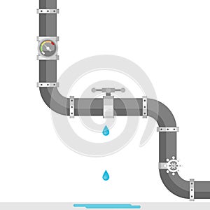 Broken metal pipe with leaking water, flat style vector illustration