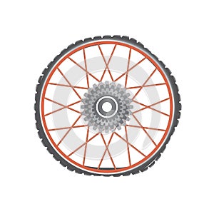 Broken metallic bicycle wheel with red spokes