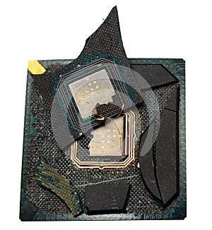 Broken microchip in BGA plastic case, isolated on white background