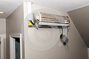 Broken mini split air conditioner system on wall