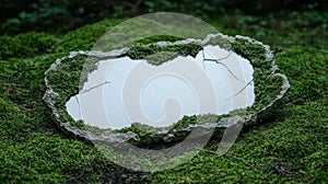A broken mirror lies on mossy ground in a forest.