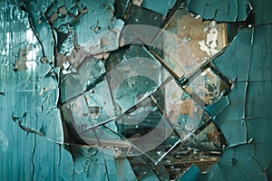 Broken mirror with shards, resting on side of wall, A broken mirror reflecting a shattered image