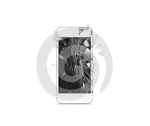 Broken mobile cell phone screen, scattered shards, isolated. photo