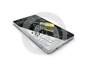 Broken mobile phone with Screwdriver on the creen, repair phone concept, 3d Illustration isolated white