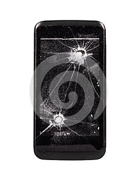 Broken mobile phone. Smart phone with bullet hole. Drilled hole. Broken mobile phone isolated on white background