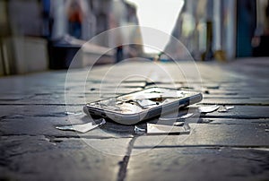 Broken mobile smart phone lies on uneven pavement