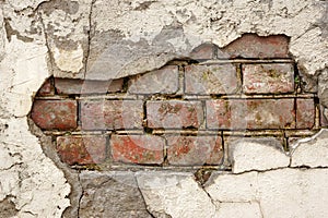 Broken Old Bricklaying From Red White Bricks And Damaged Plaster