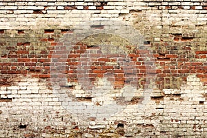 Broken Old Bricklaying From Red White Bricks And Damaged Plaster