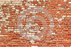 Broken Old Bricklaying From Red White Bricks And Damaged Plaster