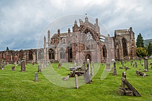 The broken old cathedral of Melrose Abbey in Scotland