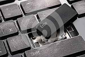 A broken old laptop keyboard close up