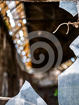 Broken old window glass in warehouse.