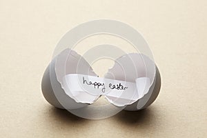 Broken open egg with happy easter message inside