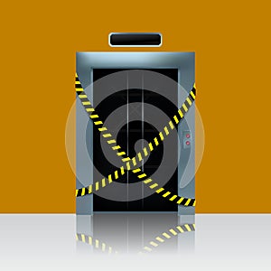 Broken out of order elevator. Vector illustration of elevator shaft with caution ribbon.