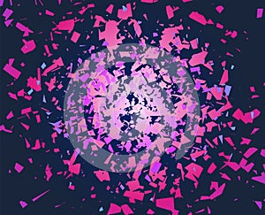 Broken particles burst. Shattered style background, colorful abstract geometric explosion. Vector background design with
