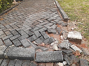 Broken paving block road