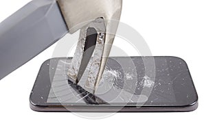 Broken phone with hammer isolated on white background, crash phone