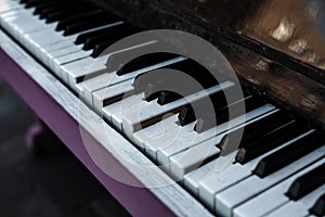 Broken piano keys of an old classic piano