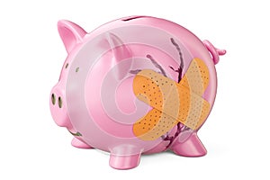 Broken piggy bank with adhesive plaster, 3D rendering