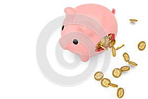 Broken piggy bank and golden coins flying around.3D illustration