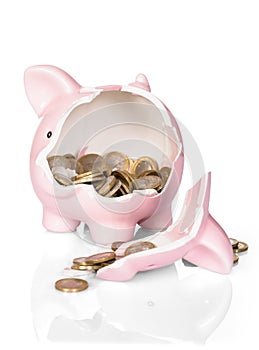 Broken piggy bank with money