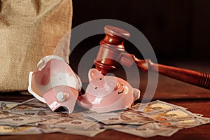 Broken piggy bank with money bag and judge gavel close-up. Bankruptcy, crisis concept