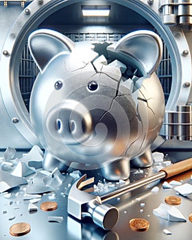 Broken Piggy Bank Personal Debt Bubble Dollars Saving Money Banking Global Currency Gold Coins Hammer AI Generated