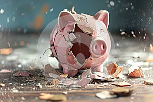 A broken piggy bank sits on top of a wooden floor, symbolizing a failed attempt at saving money, A broken piggy bank, denoting