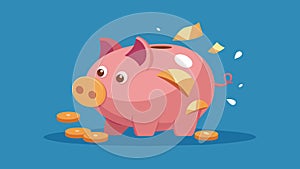 A broken piggy bank with tered coins depicting an overspending habit.. Vector illustration.
