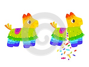 Broken pinata. Birthday party colorful equipment. Pinatas with confetti and candies in lama shape. Mexican toy
