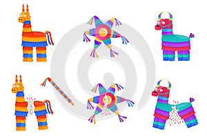 Broken pinata. Cartoon pinatas mexican handcrafted paper toys, stick hitting game birthday party latin carnival holiday