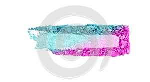 A broken pink and green eye shadow smear, make up palette isolated on a white background.