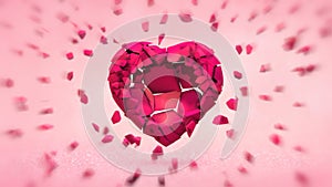 Broken pink heart into many flying pieces on brigh light background