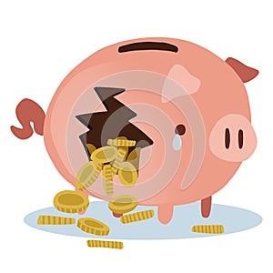 broken pink piggy bank with money and coins