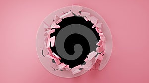 Broken pink wall with stone pieces, cracks and black hole in the middle. 3D rendering.